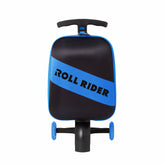 Black and blue Roll Rider toy on a white background