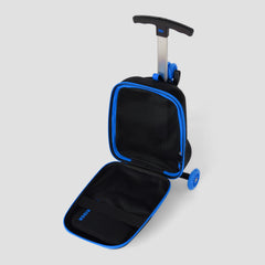 Black and blue suitcase with wheels on a light gray background