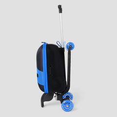 Black and blue suitcase with wheels on a light gray background