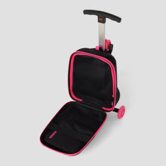 Black and pink suitcase with wheels on a light gray background