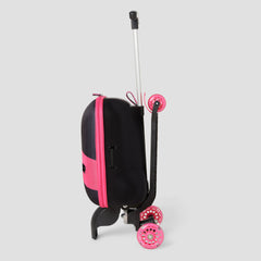 Black and pink suitcase with wheels on a light gray background