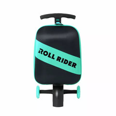 Black and teal Roll Rider toy on a white background