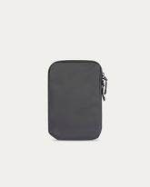 Black zippered pouch on a light gray background