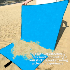 Blue sand-resistant blanket on a sandy surface with text explaining its use.