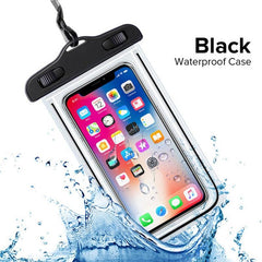 Black waterproof phone case with a smartphone inside, surrounded by water droplets on a white background.