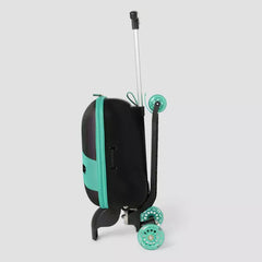 Black and teal suitcase with wheels on a light gray background