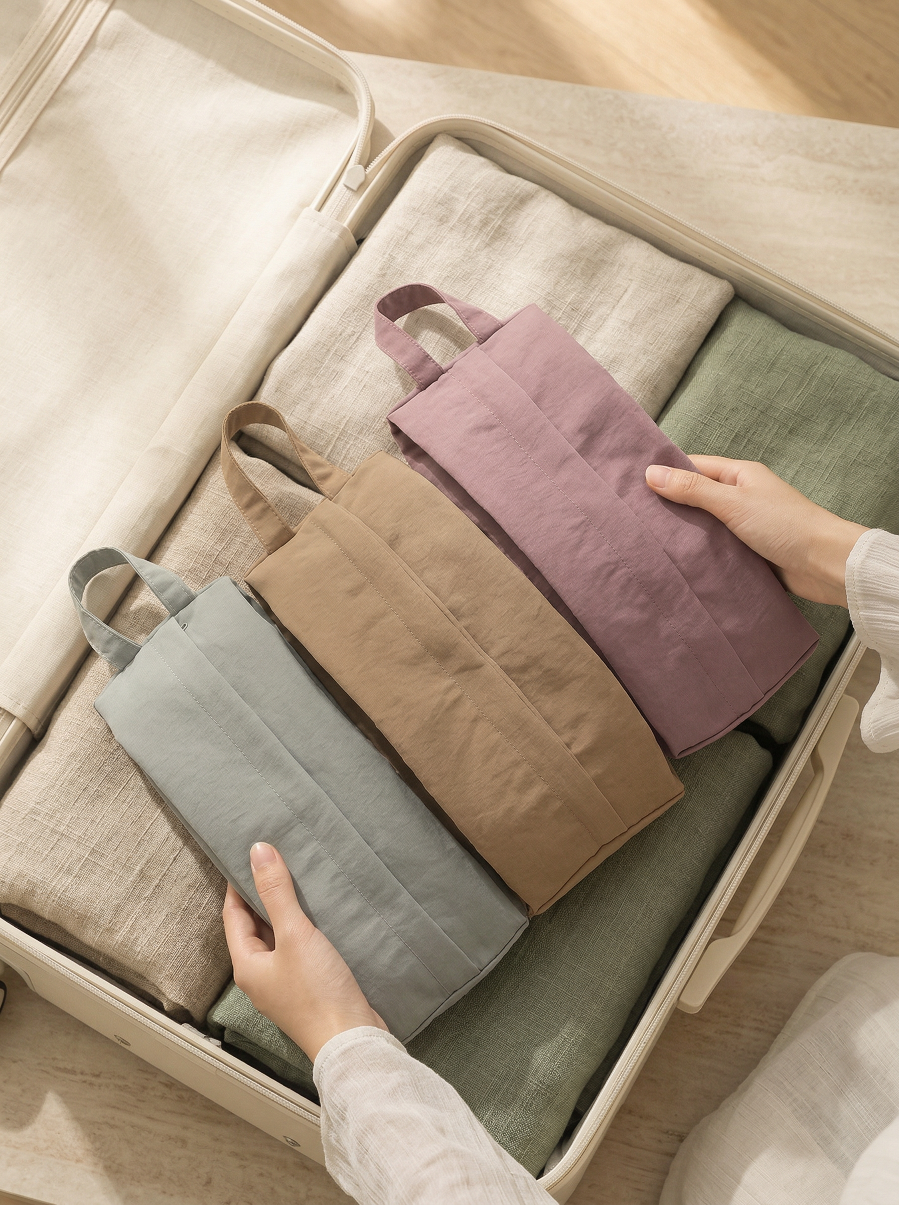 Folded fabric bags in various colors inside an open suitcase.