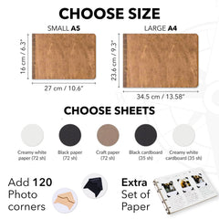 Product size chart with A5 and A4 dimensions and paper color options on a white background.