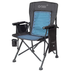 Black camping chair with blue mesh backrest and Gobi branding on a white background