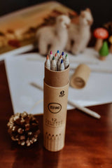Zefiro colored pencils in a cardboard tube on a wooden surface with a blurred background