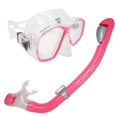 Pink and clear snorkeling mask and snorkel set on a white background