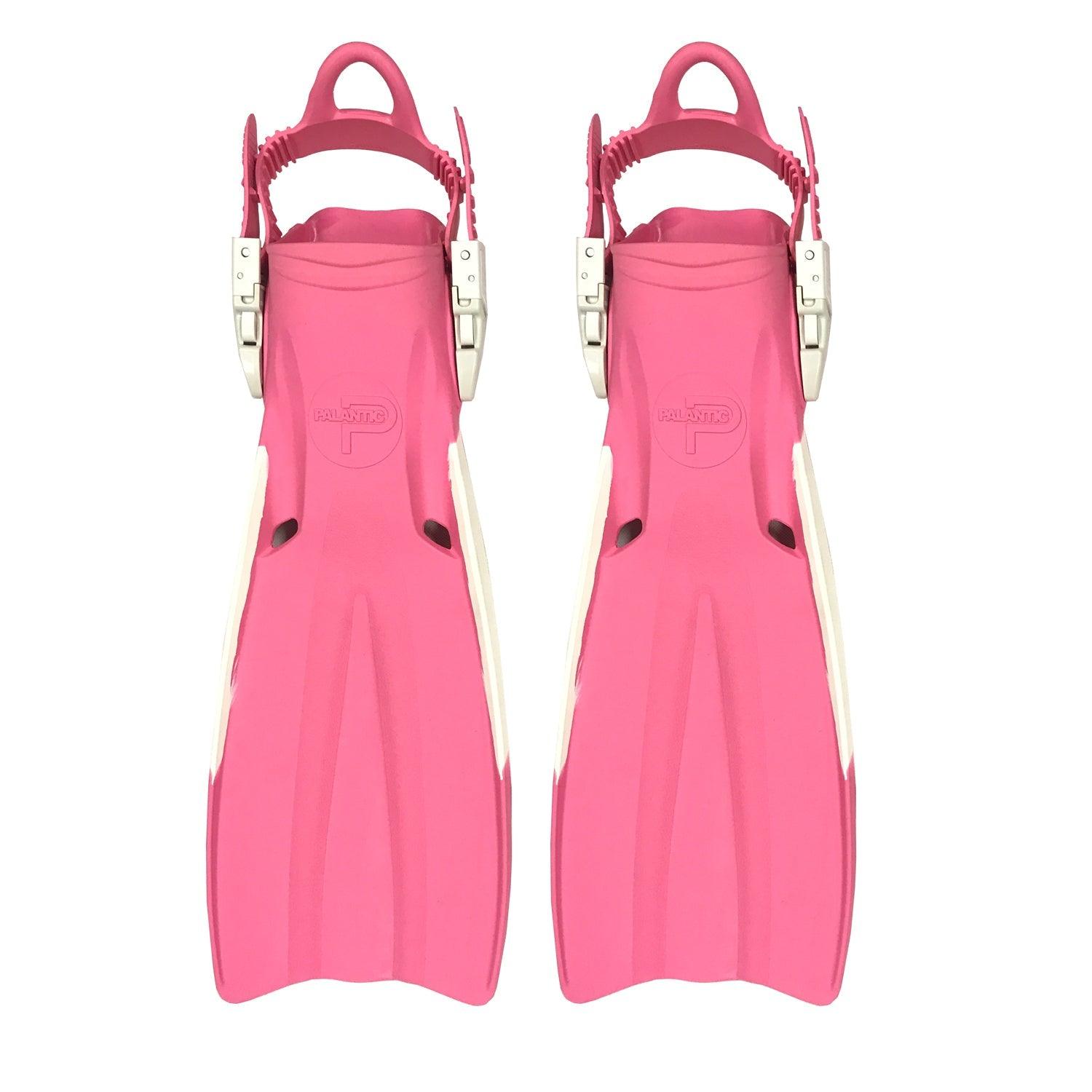 Pair of pink diving fins on a white background