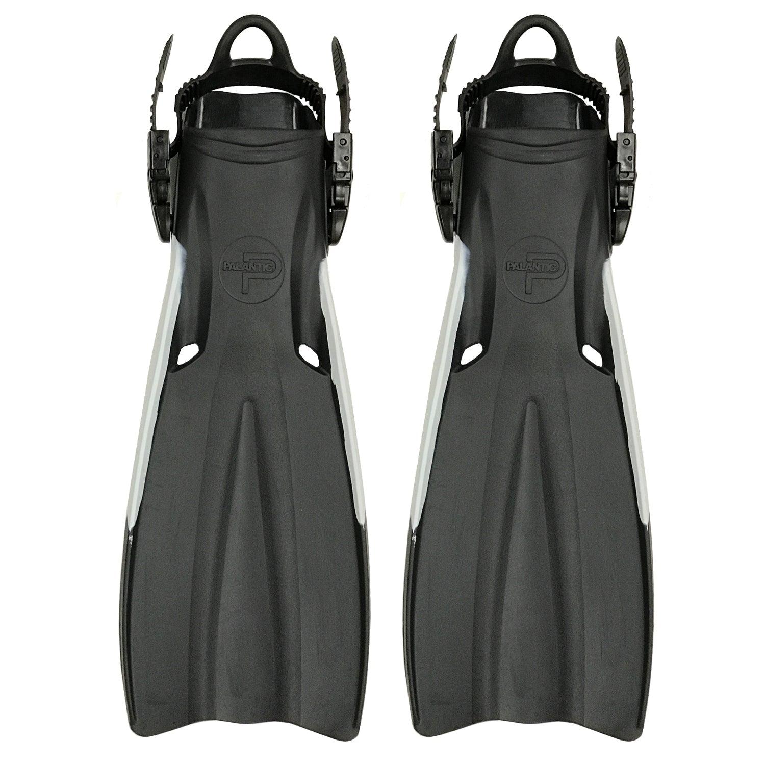 Pair of black diving fins with white accents on a white background