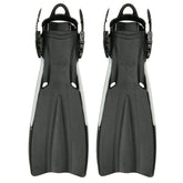 Pair of black diving fins with white accents on a white background