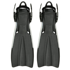 Pair of black diving fins with white accents on a white background
