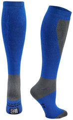 Pair of blue and gray knee-high socks on a white background