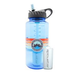 Blue water bottle with a straw lid and a smaller white container on a white background
