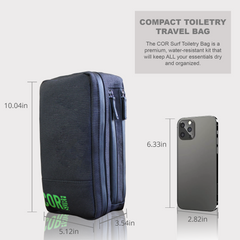 Compact toiletry travel bag with dimensions and phone for scale on a white background