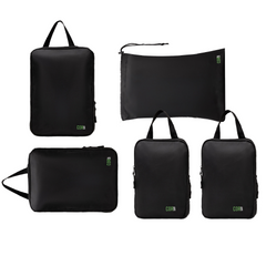 Set of black travel bags with visible brand logo on a white background