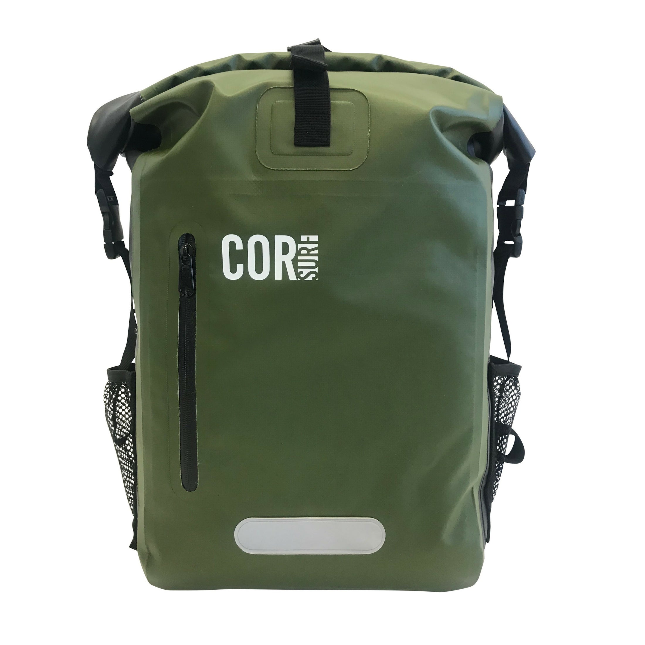 Green backpack with 'COR' logo on a white background