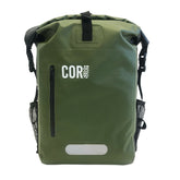 Green backpack with 'COR' logo on a white background