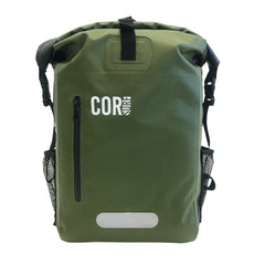 Green backpack with 'COR' logo on a white background