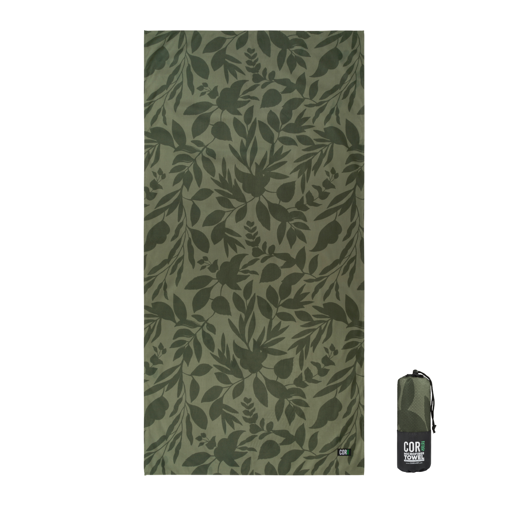 Green leaf-patterned mat with a carrying bag on a white background