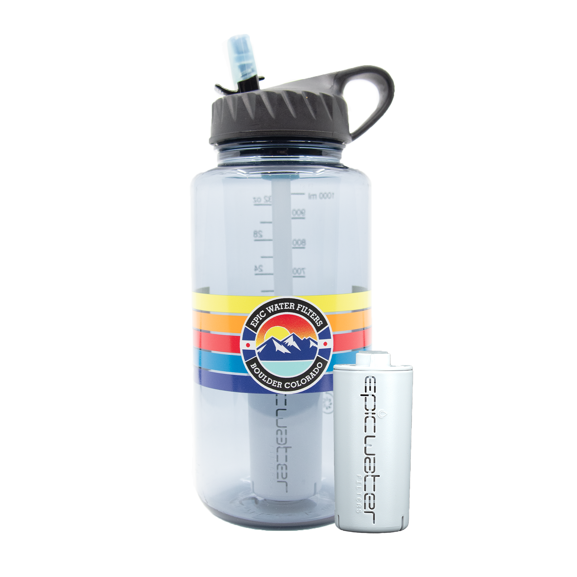Clear water bottle with colorful label on a white background