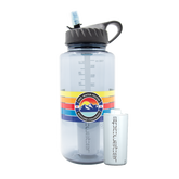 Clear water bottle with colorful label on a white background