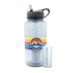 Clear water bottle with colorful label on a white background