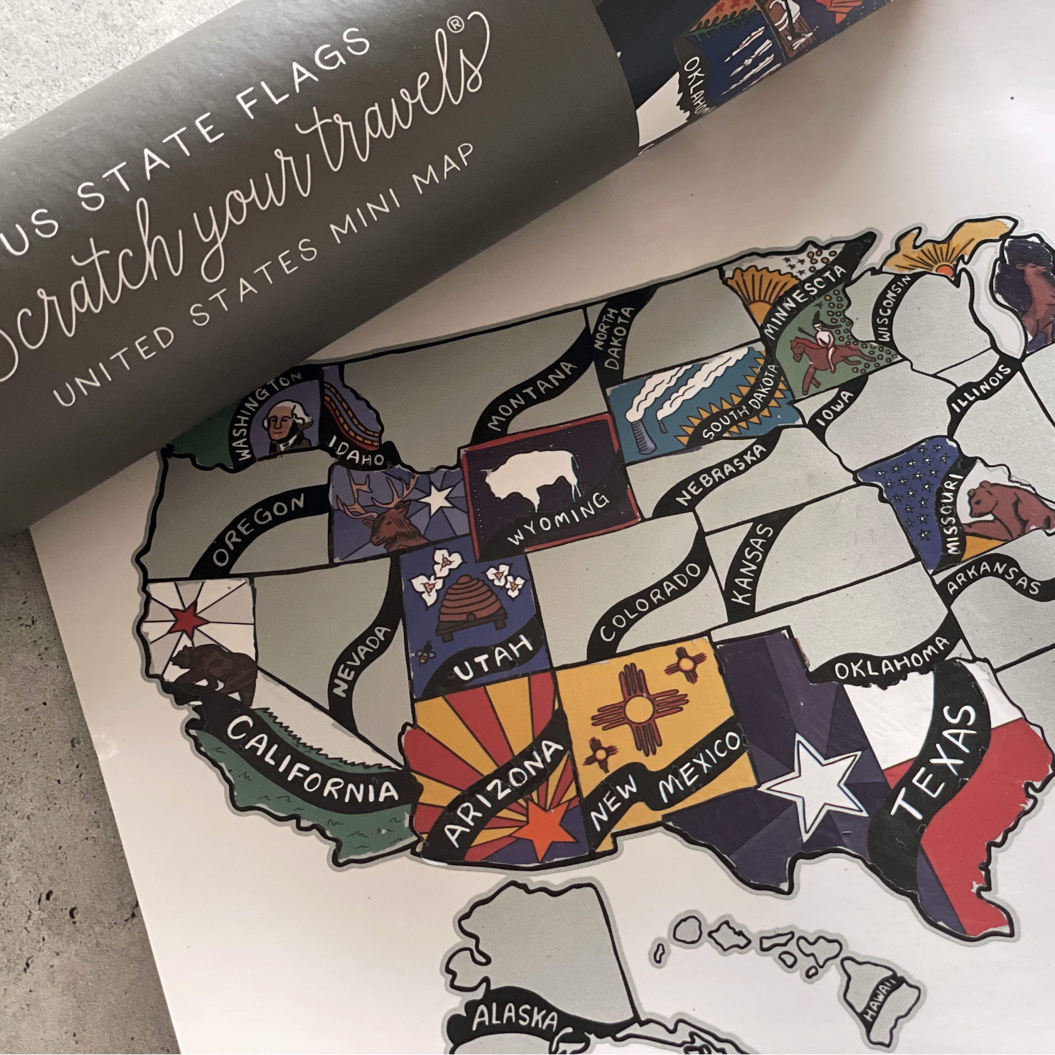 United States map with state flags on a white surface