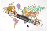 World map with decorative flowers and a cylindrical object labeled 'National Flowers' on a white background