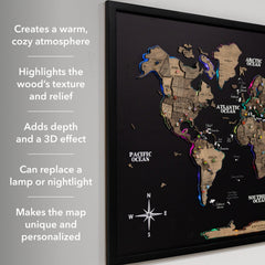 Framed world map with text describing its features