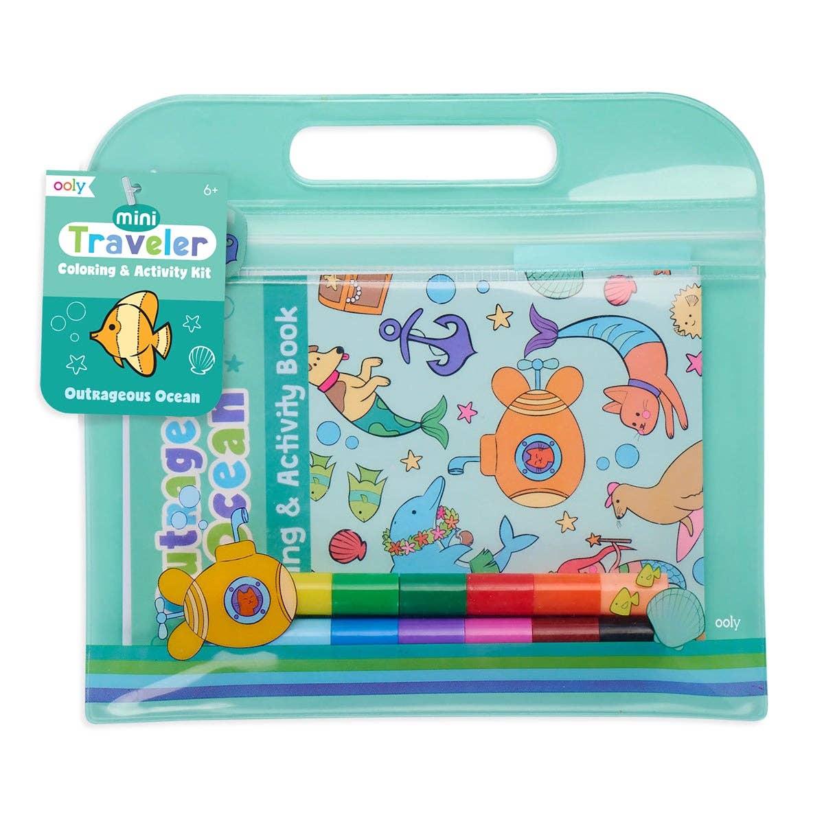 Coloring and activity book set with markers in a teal carrying case, featuring ocean-themed illustrations.