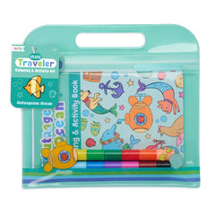 Coloring and activity book set with markers in a teal carrying case, featuring ocean-themed illustrations.