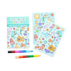Coloring book with mermaid-themed illustrations and two colorful markers on a white background