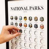 Framed poster of national parks visited with a hand pointing to one of the pins.