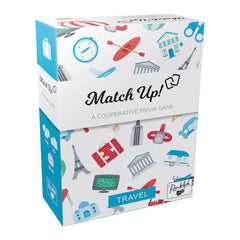 Box of 'Match Up!' travel-themed cooperative trivia game with colorful illustrations on a white background