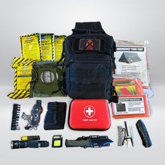 Emergency preparedness kit with backpack, tools, and supplies on a white background