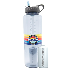 Clear water bottle with colorful label and smaller white bottle on a white background