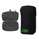 Black travel organizer with open compartment and 'COR' logo on a white background