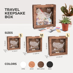 Wooden travel keepsake box with dimensions and color options on a white background