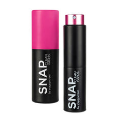 Two hand sanitizer bottles with pink caps and black bodies on a white background