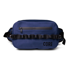 Blue bag with black zippers and straps on a white background