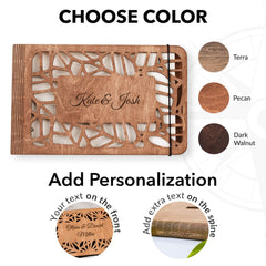 Wooden card holder with cut-out design and text space, shown in different color options.