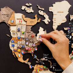Wooden map puzzle with labeled countries and a hand placing a flag piece.
