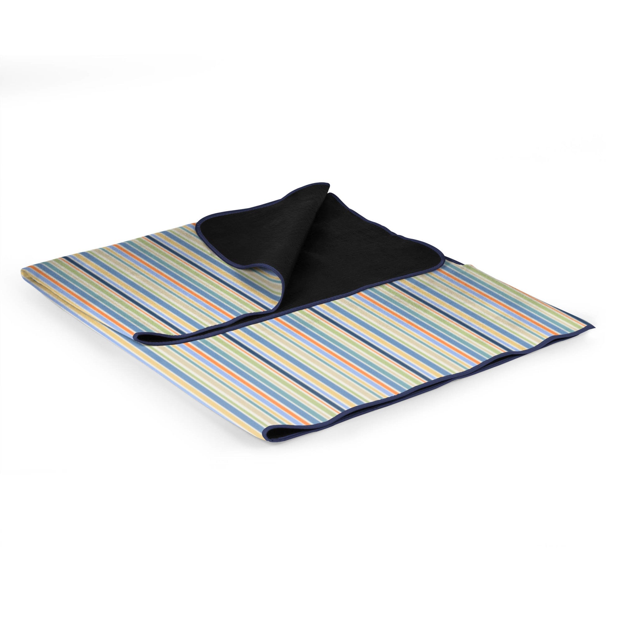 Striped picnic blanket with a black border on a white background