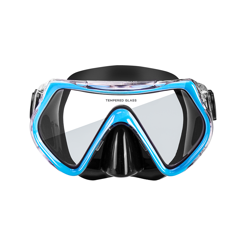 Diving mask with blue frame and tempered glass on a white background