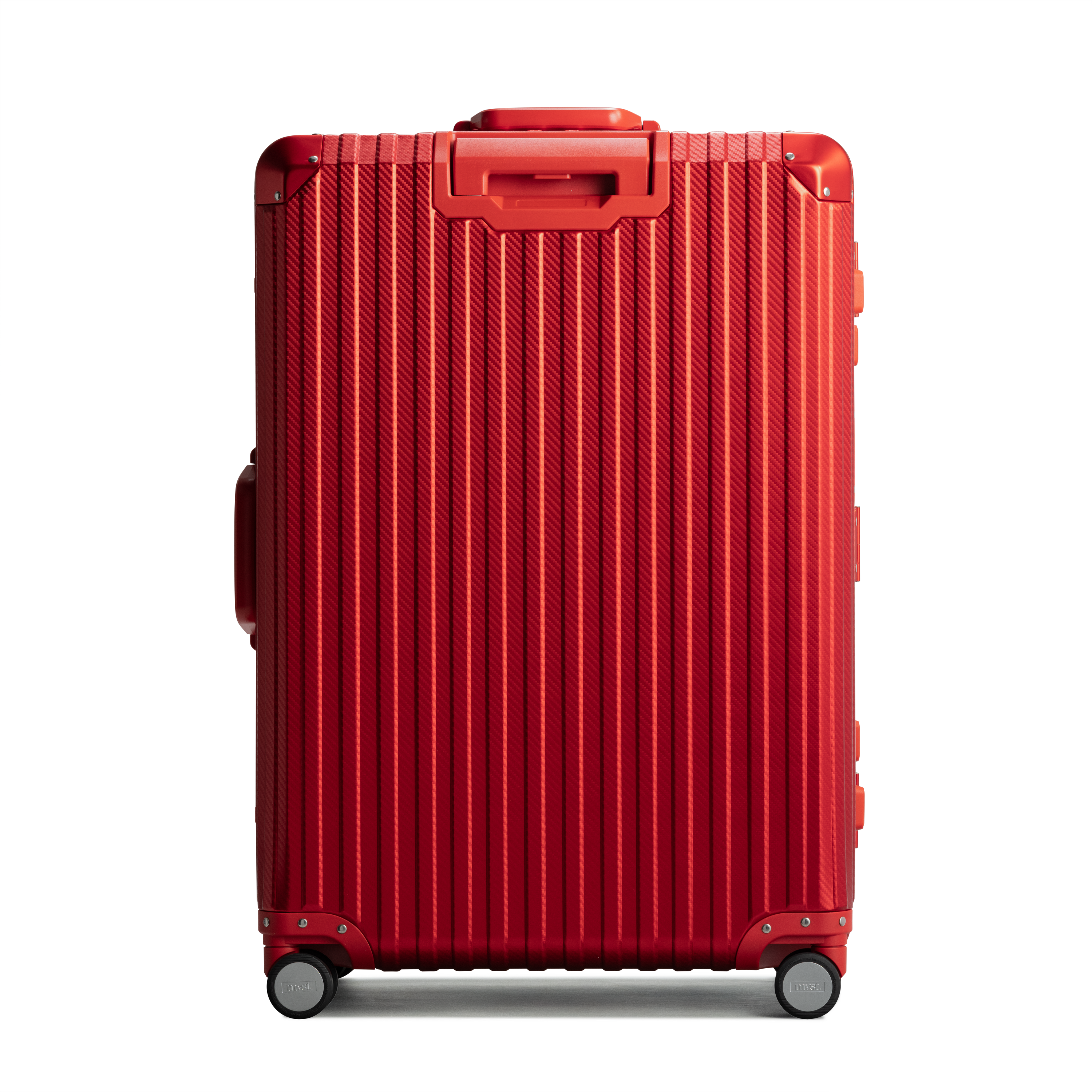 Red suitcase with a textured surface on a white background