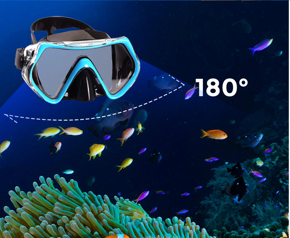 Diving mask with 180-degree view over an underwater scene with fish and coral.